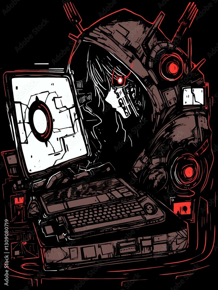 Cyberpunk Hooded Figure at Desk