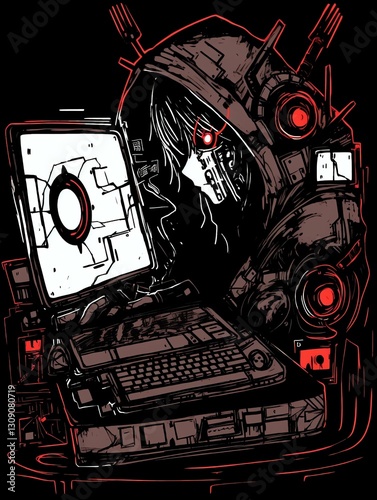 Obraz na płótnie Cyberpunk Hooded Figure at Desk w salonie
