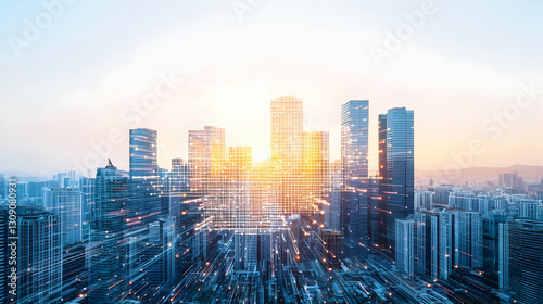 Futuristic Cityscape with Illuminated Network Grid and Modern Skyscrapers in Orange and Blue Tones