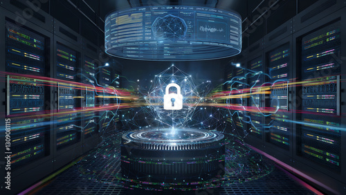 A futuristic scene of a quantum computer emitting a digital security field, ensuring ultra-secure data encryption for the future of business. 