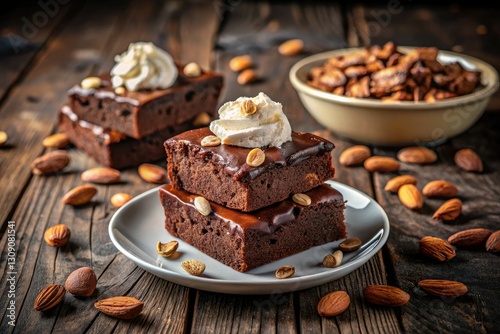 Rustic brownies, almonds, and chocolate, swirled with whipped cream, glow under low light on a dark wood table.