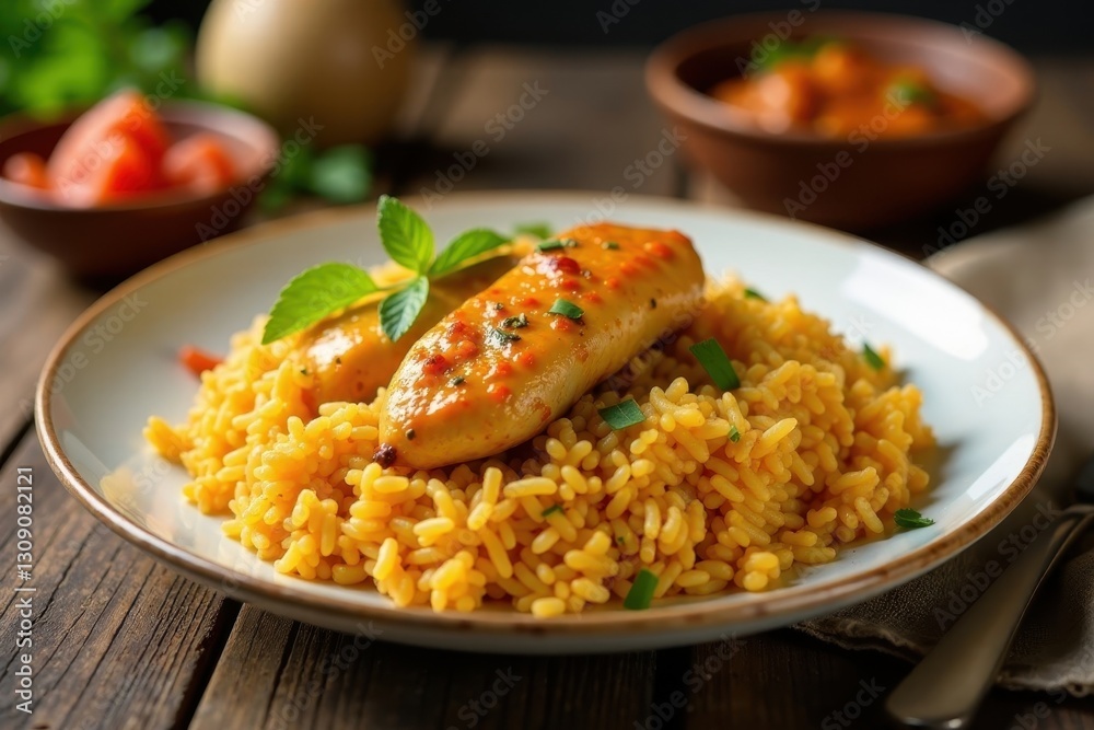 Savory Glazed Chicken Breast Slices Served atop a Bed of Golden Rice Savory Glazed Chicken Breast Slices Served atop a Bed of Golden Rice