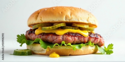 Juicy grilled patty burger with melted cheese, crisp lettuce, and tangy pickles on a toasted sesame seed bun