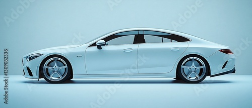 White luxury sedan studio shot, minimalist backdrop, automotive advertising