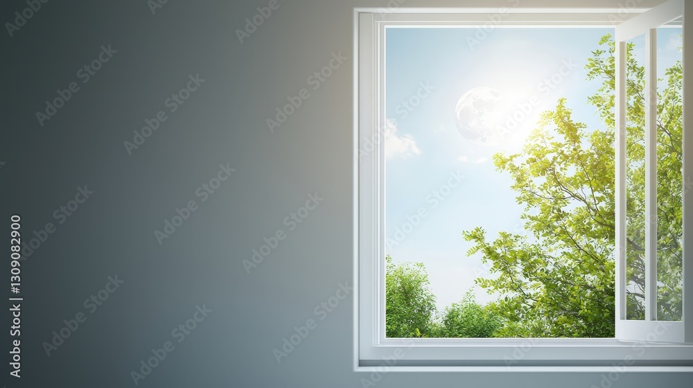 Bright Daylight Streaming Through an Open Window with Green Trees Bright Daylight Streaming Through an Open Window with Green Trees