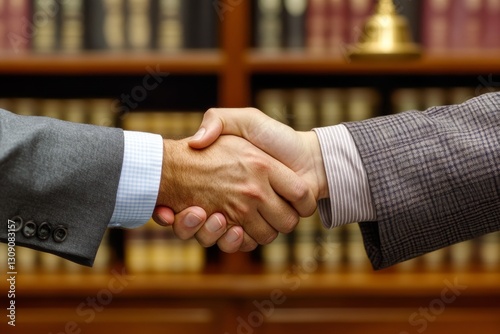 In a well-appointed office filled with law books, a lawyer shakes hands with a client, symbolizing trust and professionalism. The atmosphere reflects mutual respect and collaboration