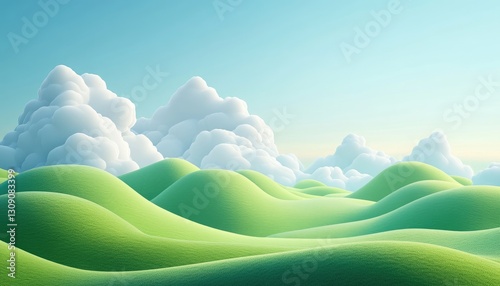 Gentle rolling green hills with fluffy clouds in the bright sky