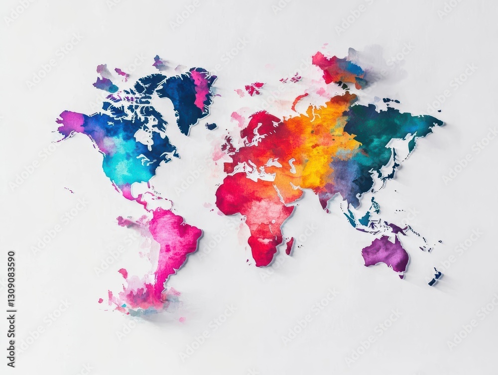 Fototapeta premium Beautifully Crafted Watercolor World Map Wallpaper Showcasing Vibrant Colors and Artistic Details Creating a Unique and Inviting Atmosphere for Any Space