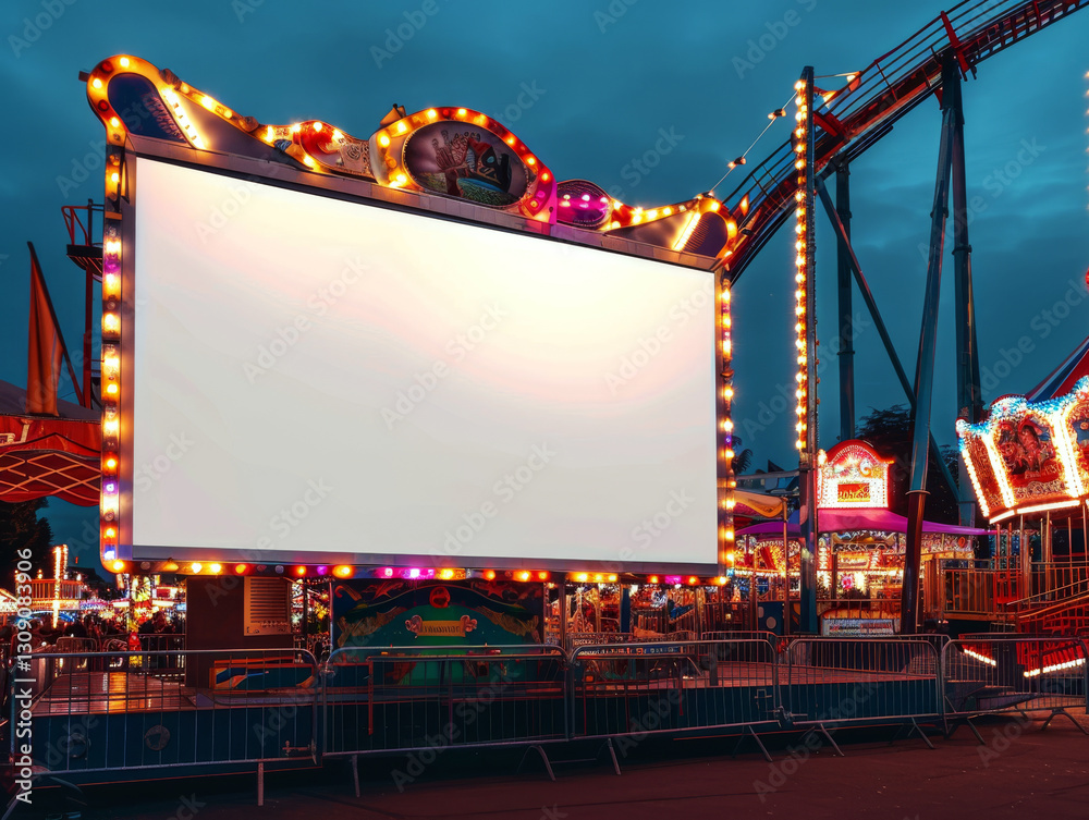 An illuminated blank sign is at an amusement park during twilight. Concept of nighttime fun and entertainment. For digital marketing or event promotion.