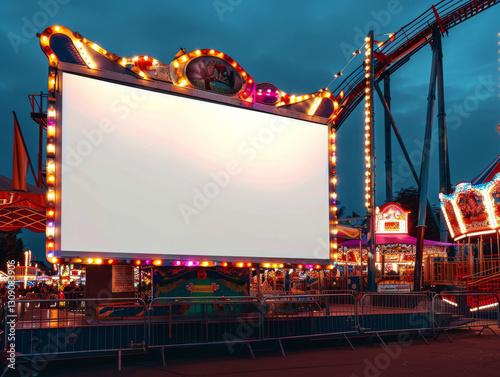 An illuminated blank sign is at an amusement park during twilight. Concept of nighttime fun and entertainment. For digital marketing or event promotion.
