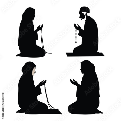 Ramadan Kareem Set of  Muslim Prayer Silhouettes with white background