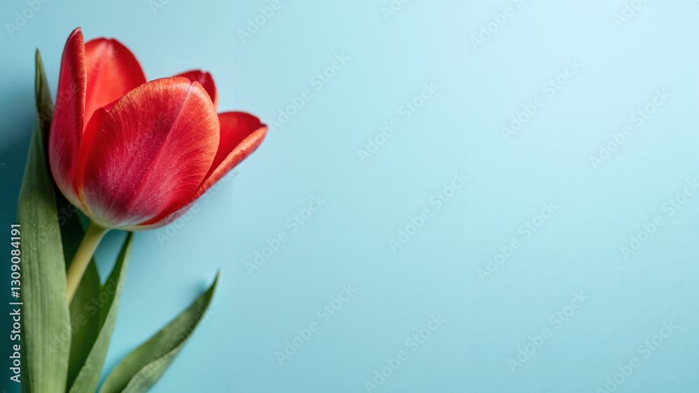 Vibrant Red Tulip Against Pastel Blue Background: Perfect for Spring Marketing, Greeting Cards, and Seasonal Promotions Vibrant Red Tulip Against Pastel Blue Background: Perfect for Spring Marketing, Greeting Cards, and Seasonal Promotions