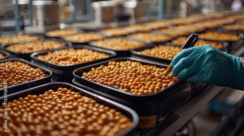 Quality control technician testing canned goods in a factory setting with attention to detail and precision