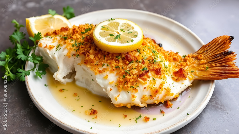 Baked cod fish with crispy coating with parsley and lemon. Baked cod fish with crispy coating with parsley and lemon.
