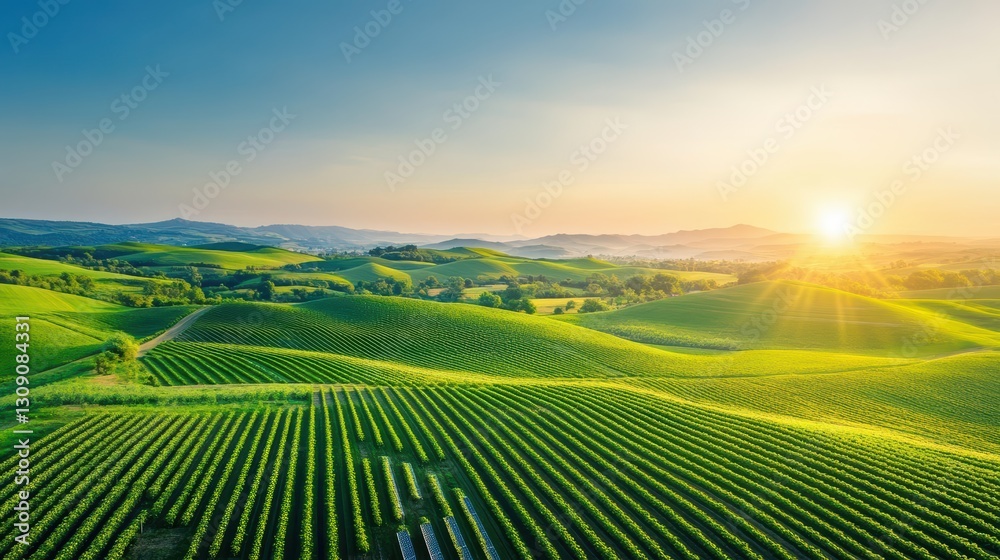 Fototapeta premium Breathtaking Vineyard at Sunset with Lush Grapevines Bathed in Warm Golden Light Creating a Tranquil and Picturesque Countryside Atmosphere