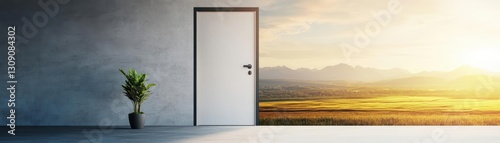An Inviting Open Door Framing a Breathtaking Landscape with Lush Greenery and Majestic Mountains Under a Bright Blue Sky Evoking Tranquility and Freedom