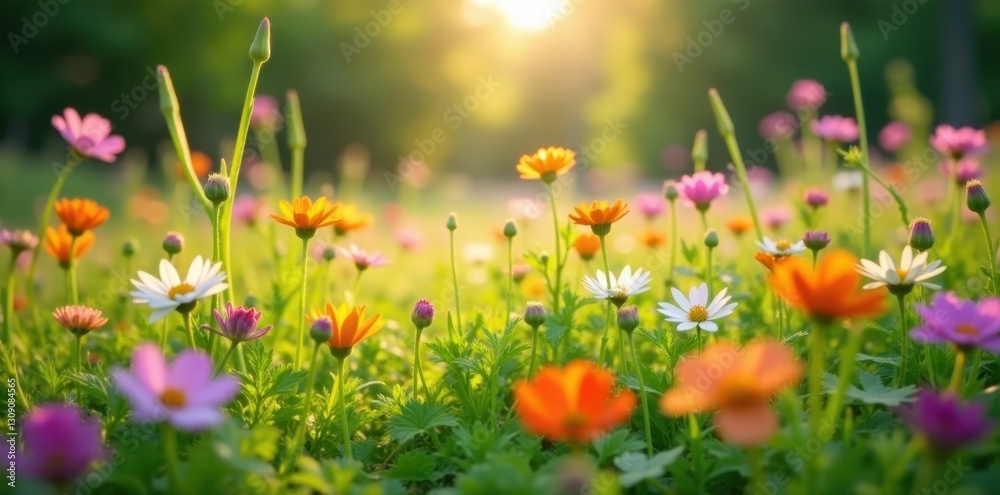 Fototapeta premium Vibrant Wildflower Meadow Basking in Golden Sunlight A Symphony of Colors and Delicate Petals