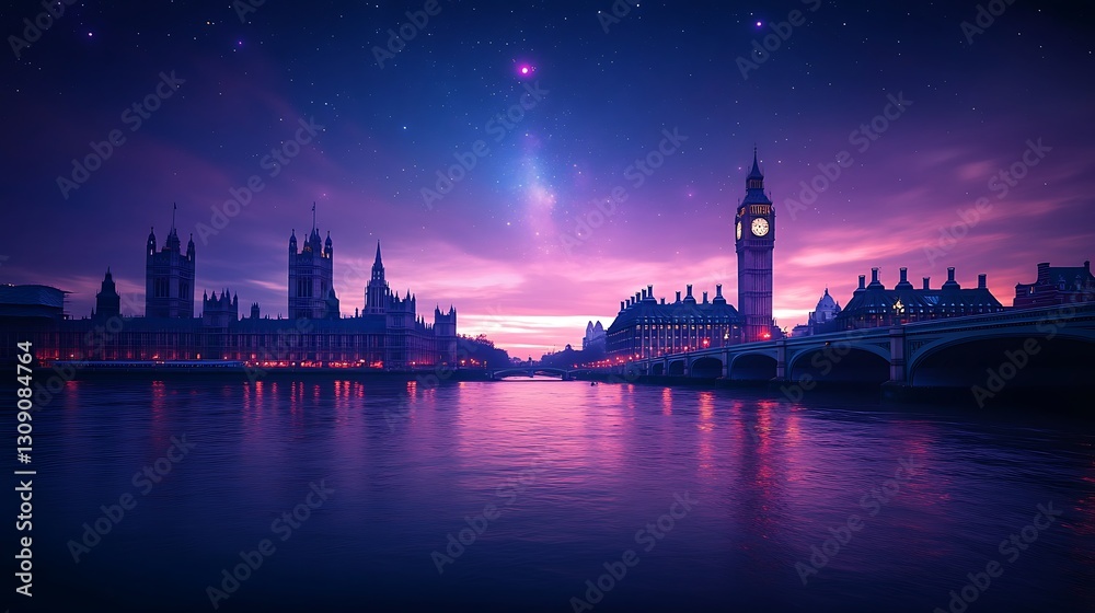 Obraz premium A stunning nighttime silhouette of Big Ben, its clock hands subtly glowing, set against a starry London sky with soft purple and navy tones, as the River Thames flows calmly in the foreground.
