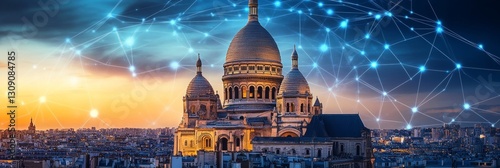 Sacre Coeur Basilica in Paris, France connected by a web of glowing networks under sunset sky photo