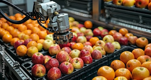 Robotic Arm Sorting Fruits On Conveyor Belt System Automation Using A Sorting Machine to Process Red Apples And Oranges On Conveyor Belt Manufacturing Plant Utilizing Advanced Technology For