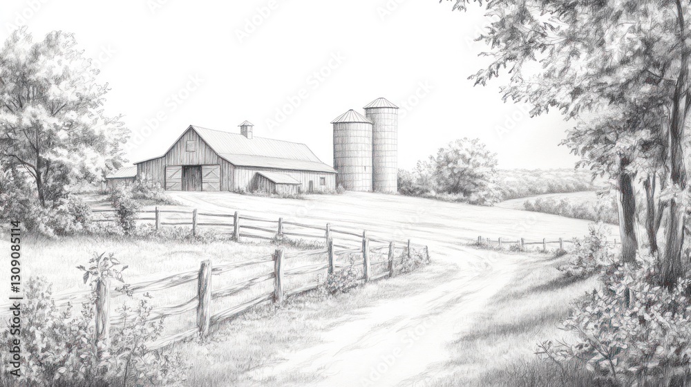 Pencil sketch of rural landscape with barn and silos Pencil sketch of rural landscape with barn and silos