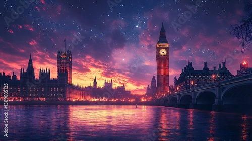 A stunning nighttime silhouette of Big Ben, its clock hands subtly glowing, set against a starry London sky with soft purple and navy tones, as the River Thames flows calmly in the foreground.