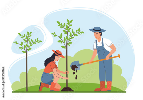 Farmers Pair Planting Tree in Countryside Garden.