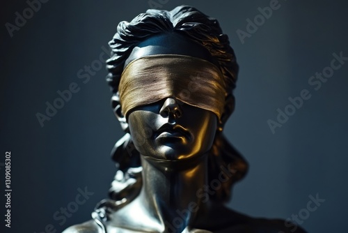 The blindfolded Lady Justice statue stands prominently, representing the ideal of impartiality in law. This detailed and textured statue emphasizes equality and fairness in the pursuit of justice