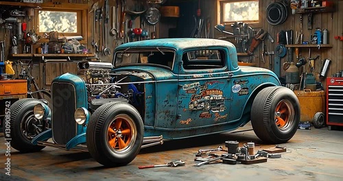 Rustic Teal Classic Car in a Wooden Garage.Garage Interior with Automotive Parts.Vintage Vehicle in a Workshop.Engine and Tools.Classic Car Interior with Automotive Parts.Powerful Vintage Car In A