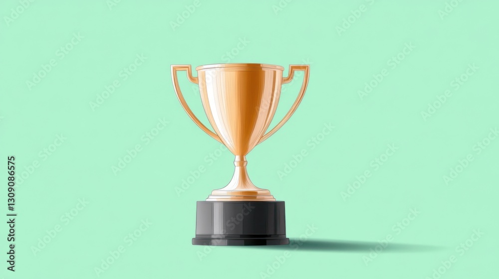 Fototapeta premium Gold trophy cup on black base against a light green background.
