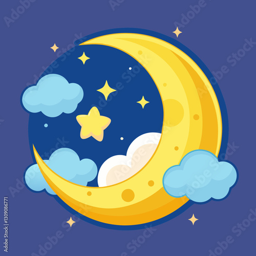Cute Cartoon Crescent Moon, Stars, and Clouds Night Sky