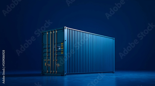 Blue Illuminated Shipping Container With Vertical Light Lines on Blue Background