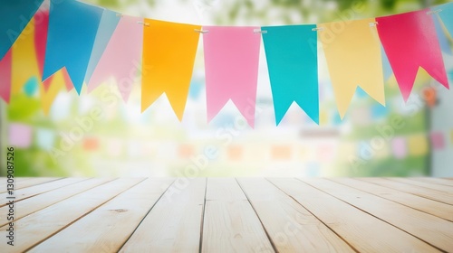 Vibrant Colorful Flags Gently Arranged on a Rustic Wooden Table Creating a Cheerful Atmosphere Perfect for Celebrations and Outdoor Gatherings