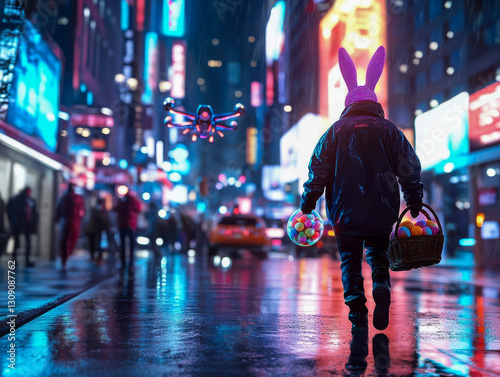 Person wearing bunny ears walking on rainy city street at night carrying easter eggs and a drone flying above photo