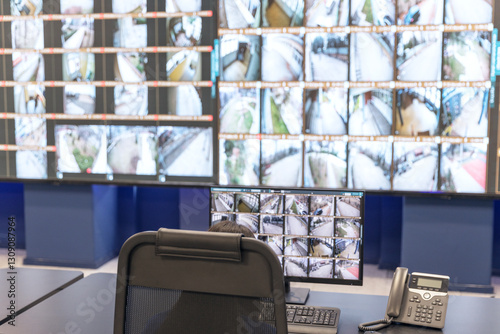Security control room with surveillance monitors and security officer monitoring multiple CCTV camera feeds in a high-tech facility