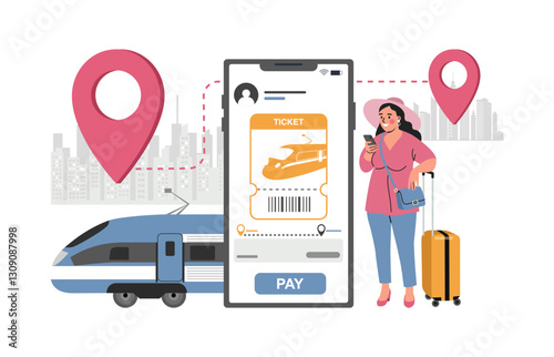 Concept illustration of buying train tickets online on smartphone. Woman buys ticket using smartphone. Vector illustration.
