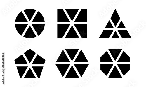 Geometric shapes divided into 6 parts isolated on white background. Round, square and triangle, pentagon, hexagon and octagon shapes cut in equal slices. Vector graphic illustration.