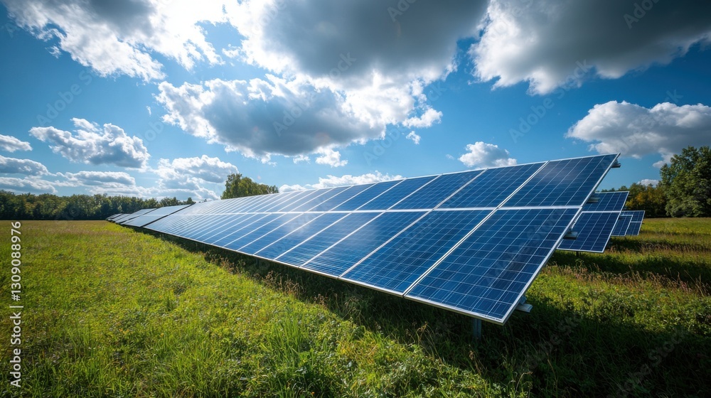 Solar panels in field. Blue sky and white clouds over photovoltaic cells. Green energy. Electricity generation. Renewable power source. Solar panels in field. Blue sky and white clouds over photovoltaic cells. Green energy. Electricity generation. Renewable power source.