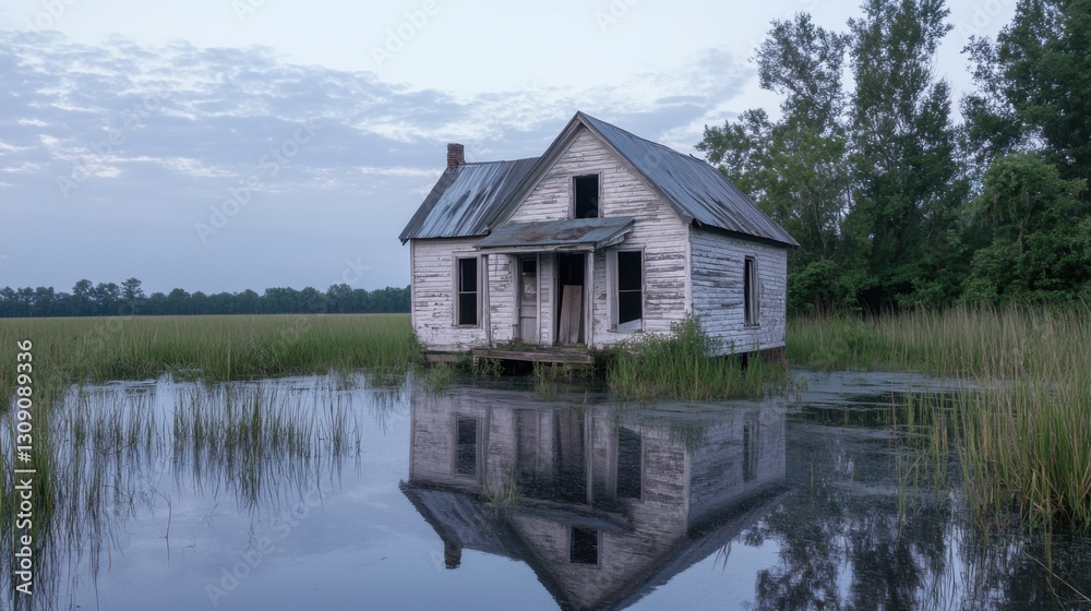 Old white house in water. House reflection. Abandoned building. Swamp landscape. Water and grass. Trees and sky. Rural scene. Outdoors nature. Old white house in water. House reflection. Abandoned building. Swamp landscape. Water and grass. Trees and sky. Rural scene. Outdoors nature.