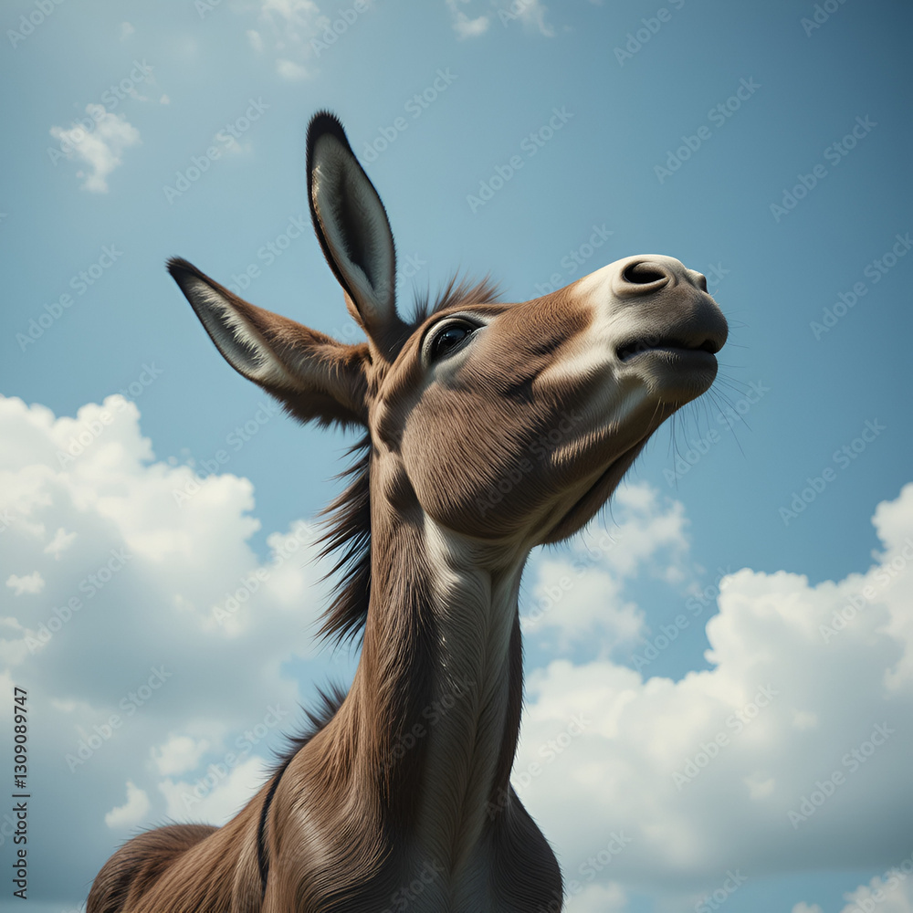 Obraz premium poitou donkey looking up towards the sky with ears back