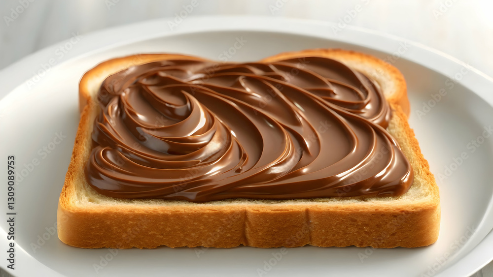 A delightful single slice of bread with smooth rich chocolate spread resting on a white plate A delightful single slice of bread with smooth rich chocolate spread resting on a white plate