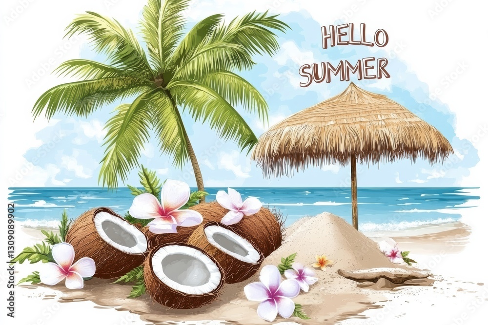 Obraz premium Bright summer vibes with tropical coconuts, palm trees, and beach essentials