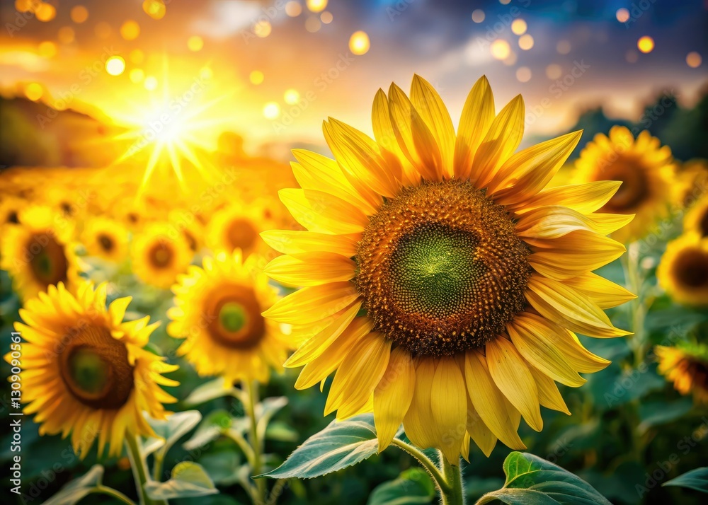 Obraz premium Vibrant yellow sunflowers dominate this sharp, close-up summer field photograph, showcasing nature's stunning detail.