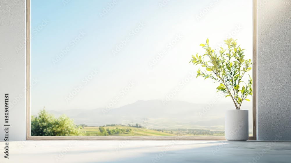 Fototapeta premium Bright and Airy Interior with Potted Plant and Scenic View