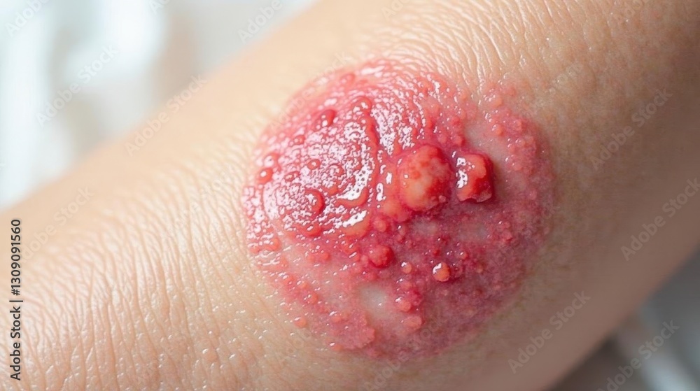 Fototapeta premium Close-up Detailed View of a Skin Lesion Exhibiting Small Blisters and Redness