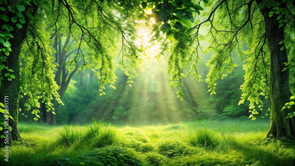 Fototapeta premium Serene Sunlight Filtering Through Lush Green Canopy in a Tranquil Forest Meadow
