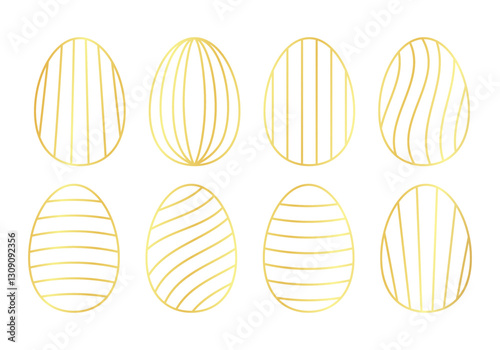 Set of Easter eggs in linear style with golden gradient, graphic element, for decoration, for cards, for greeting