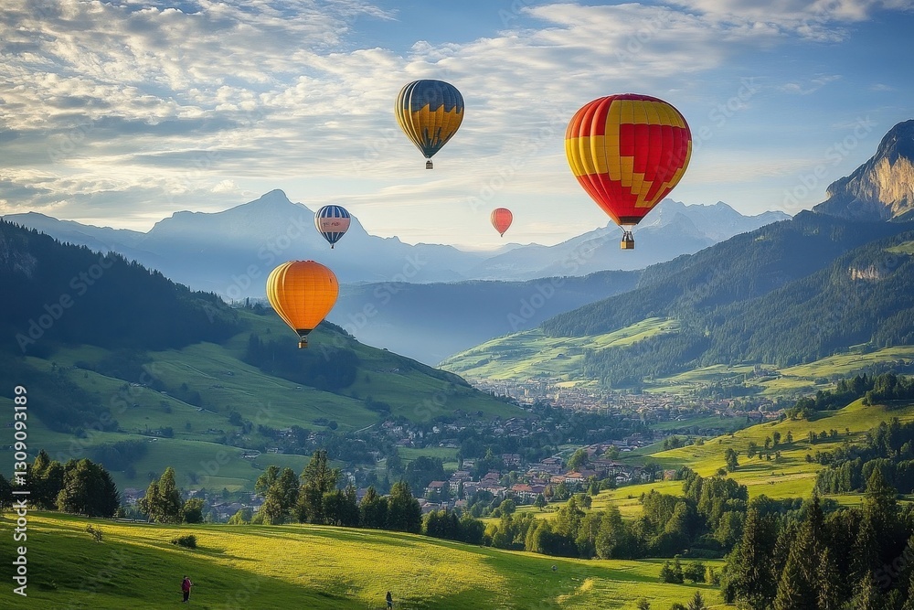 Fototapeta premium Colorful Hot Air Balloons Soaring Over Stunning Mountain Valley