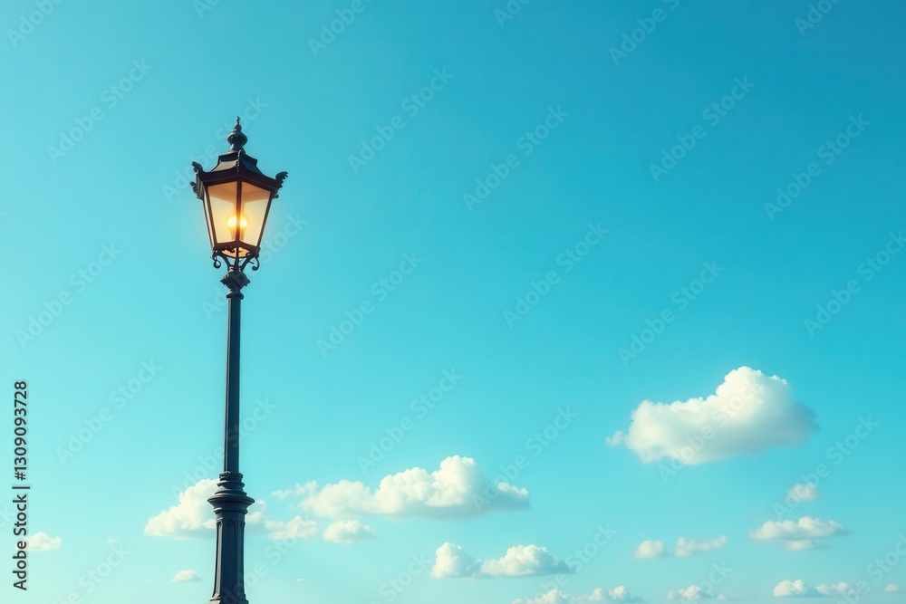 A solitary illuminated lamppost stands tall against a vibrant blue sky, adorned with fluffy white cumulus clouds, creating a serene and peaceful atmosphere. A solitary illuminated lamppost stands tall against a vibrant blue sky, adorned with fluffy white cumulus clouds, creating a serene and peaceful atmosphere.