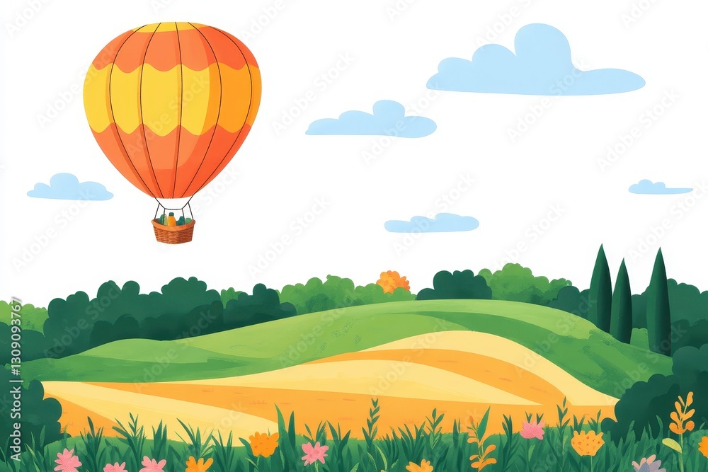 Fototapeta premium Vibrant Hot Air Balloon Over Lush Green Fields and Colorful Flowers